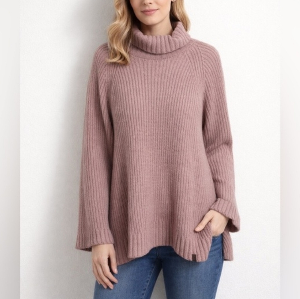 Roots Mauve Cowl Neck Sweater Size L Ribbed Knit Cozy Oversized